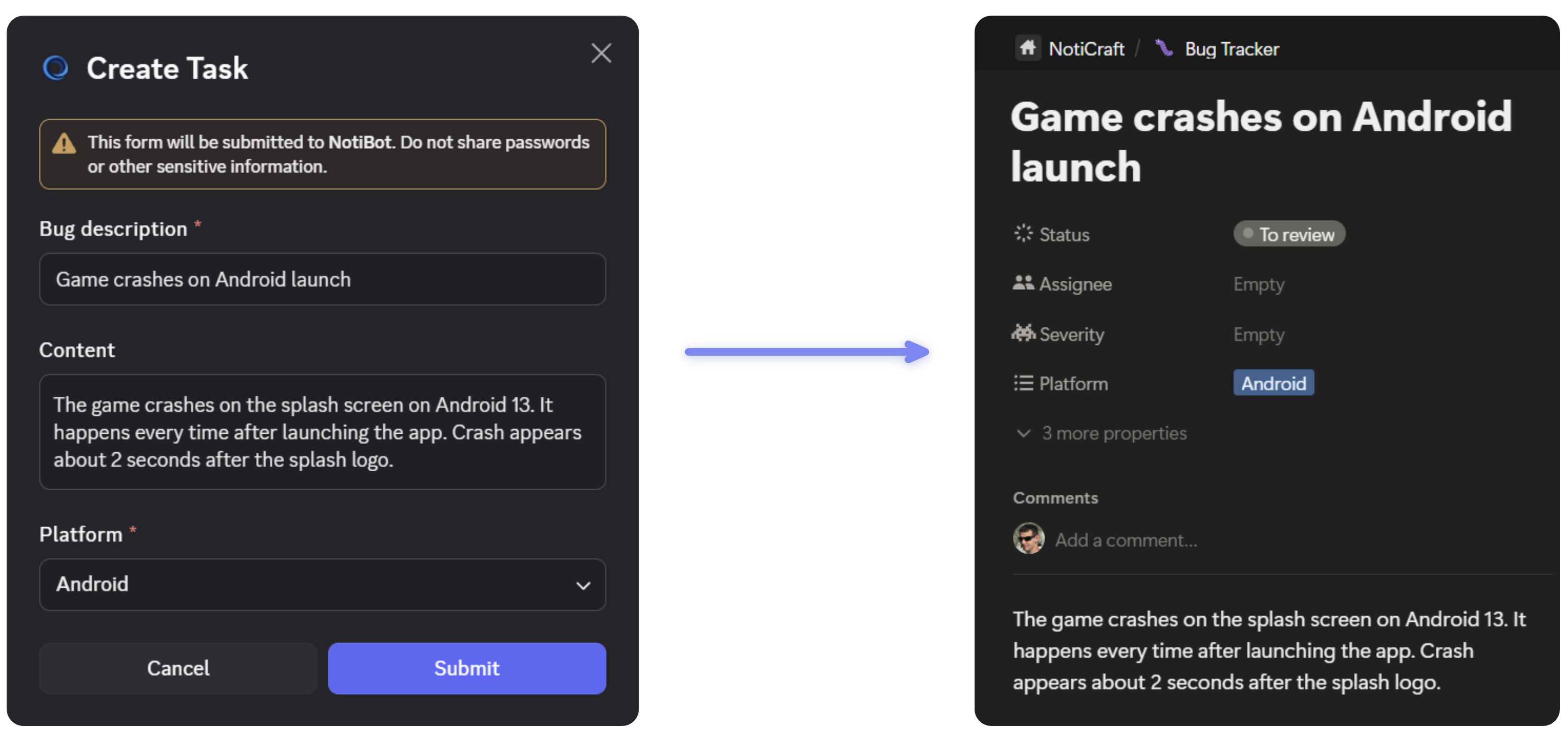 Creating a task in Discord using a custom slash command, showing the modal form and resulting Notion page