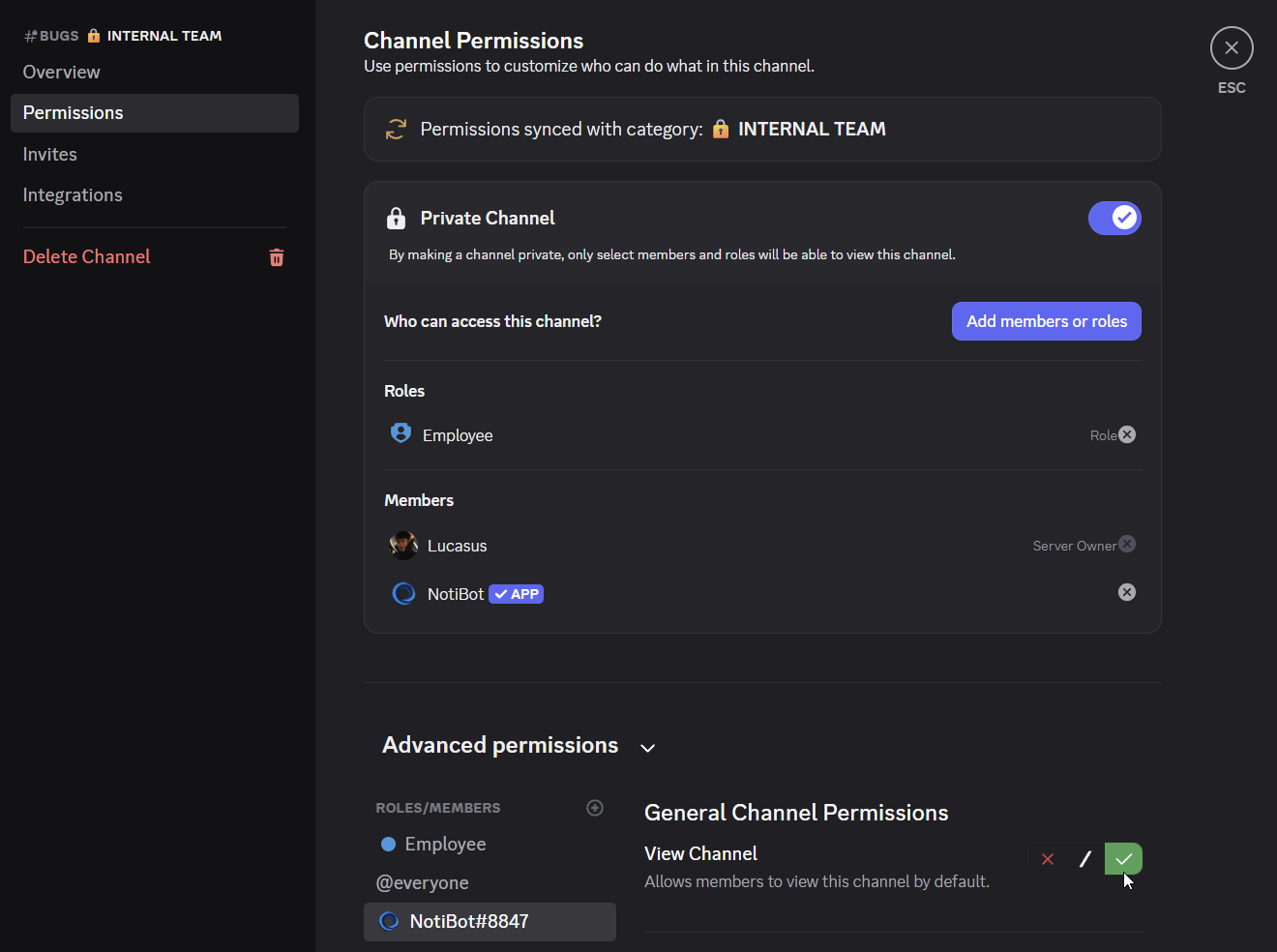 Discord channel permissions settings showing View Channel permission enabled for NotiCord bot (Send Messages, Embed Links, and Attach Files are also required)